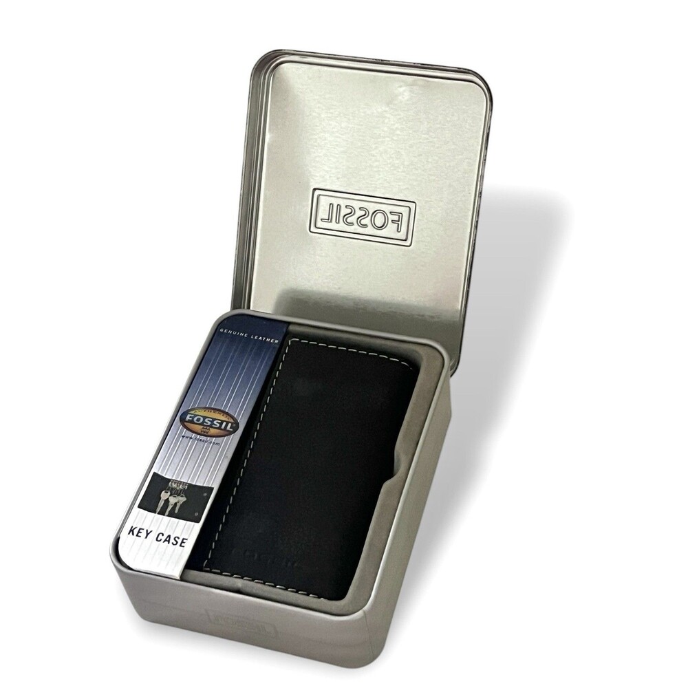 Fossil Black Genuine Leather Key Case Wallet Secure Tri-fold Snap Closure New